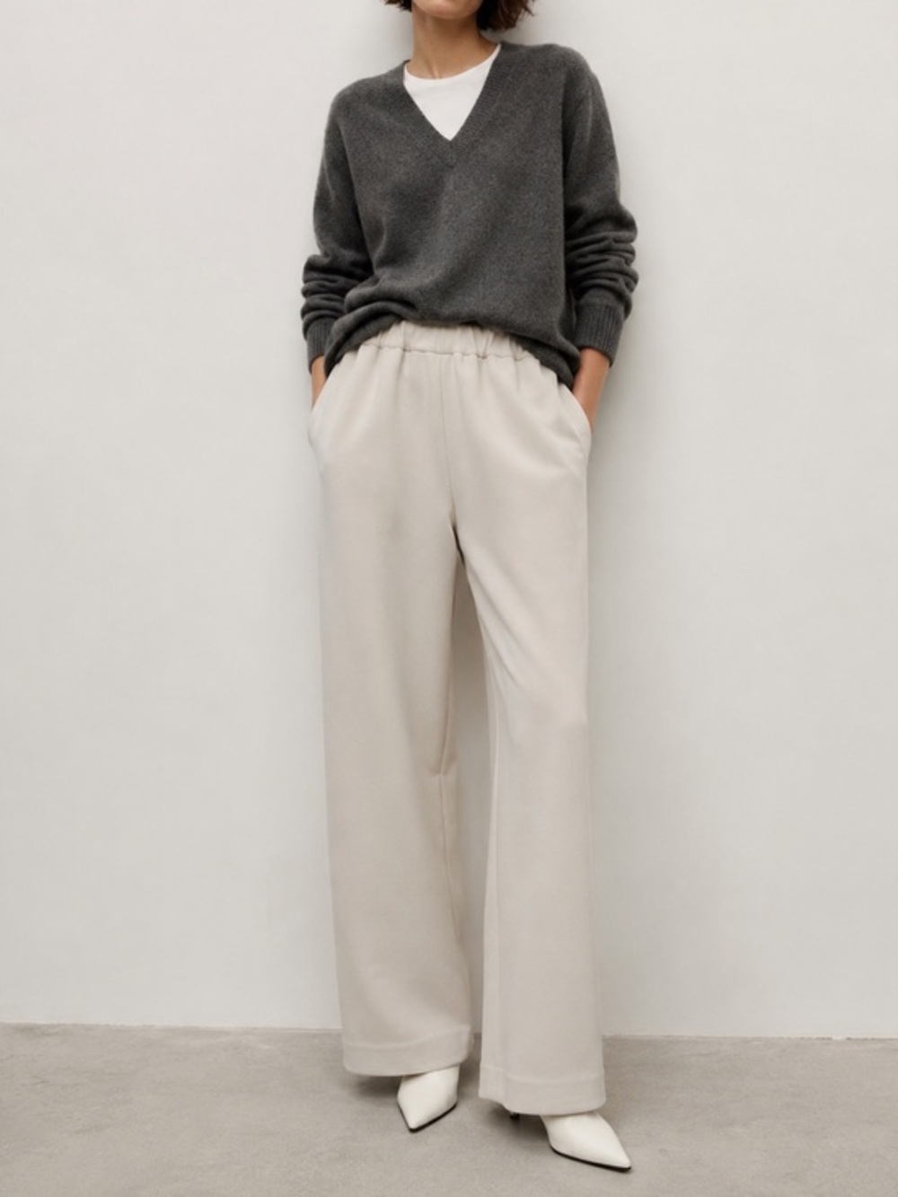 HIDEMI cream elastic waist wide leg trousers